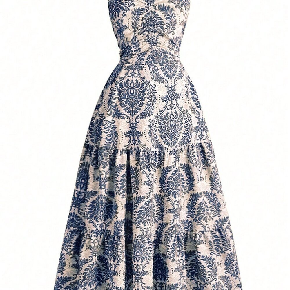 Blue Boho Women's Leisure Holiday Full Printed Pleated Tie Waist Strap Dress - Picture 5 of 8